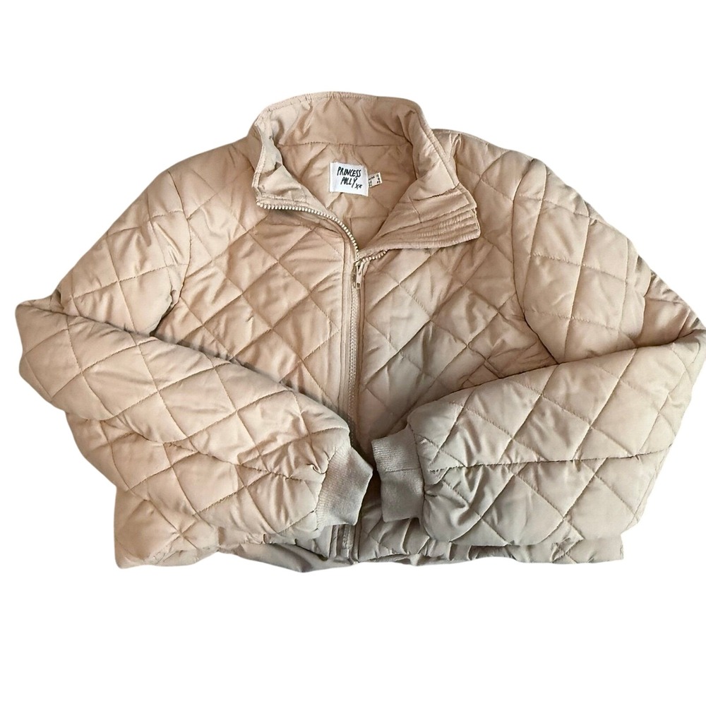 Princess Polly Quilted Puffer Jacket Womens 8 Tan Beige Cropped Zip Mock Neck